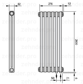 Схема (чертеж) Радиатор Zehnder Charleston 2280/6 №5510 Белый глянцевый RAL 9016
